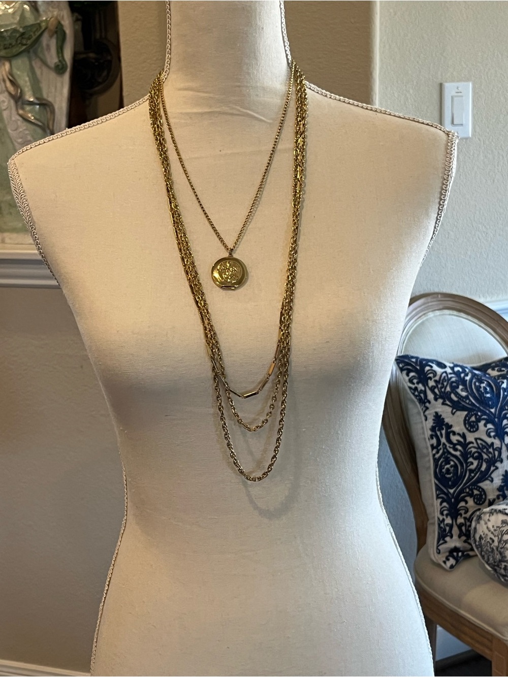 Vintage Multi Strand Locket Necklace with Gold Tone Chains and Floral Design